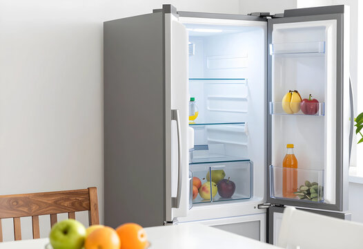 Modern gray refrigerator with an open door revealing fresh fruits and juice bottles on shelves in a bright kitchen, the kitchen appliance is well-lit, organized food storage