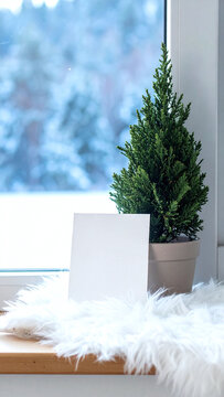 Cozy winter mockup featuring a blank card next to a small potted evergreen tree on a fluffy white rug by a snowy window. This peaceful scene evokes festive warmth. Nobody.