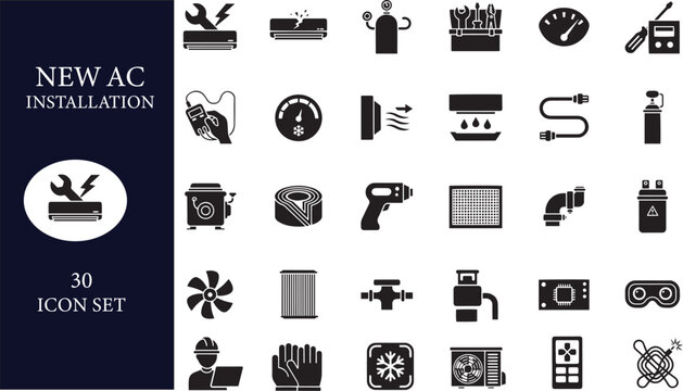 New AC Installation, HVAC Repair Service Maintenance Vector Icons Set Air Conditioner Cooling Technician Tools Equipment Checklist