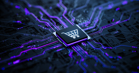 Obraz na płótnie Canvas Online Shopping Technology Concept with Digital Cart Icon on Microchip
