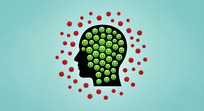 A black silhouette of a human head filled with green smiling faces, surrounded by a ring of red frowning faces against a light blue background.