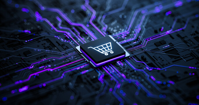 Online Shopping Technology Concept with Digital Cart Icon on Microchip