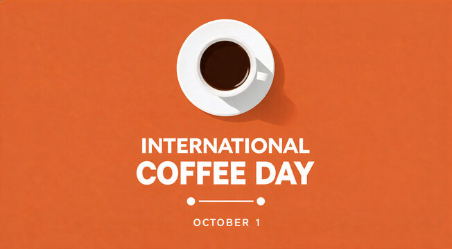 International Coffee Day October 1 Top View White Coffee Cup on Orange Background with Modern Typography in 4K