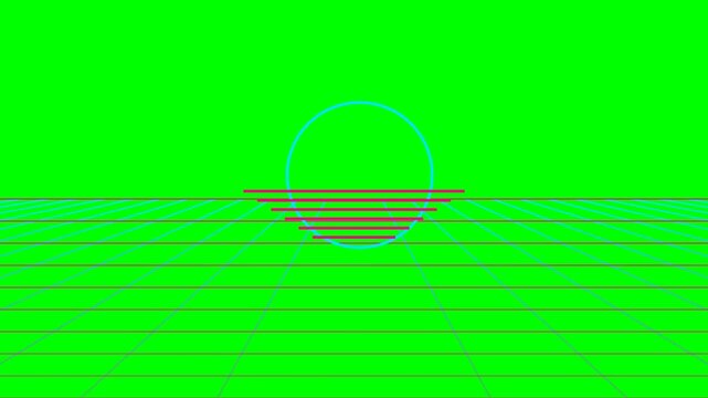 Retro synthwave sun setting over a digital perspective grid in neon green