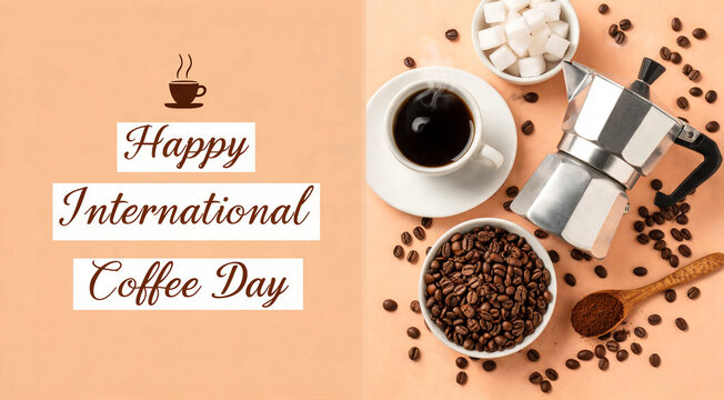 International Coffee Day Greeting with Coffee Cup, Moka Pot, Coffee Beans and Modern Typography on Peach Background in 4K