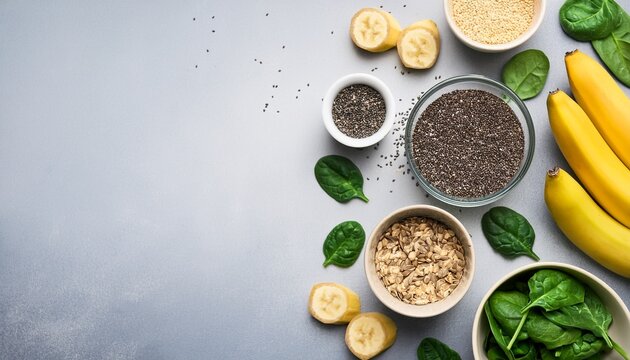Flat Lay Of Nutritious Smoothie Ingredients With Banana Spinach And Chia Seeds