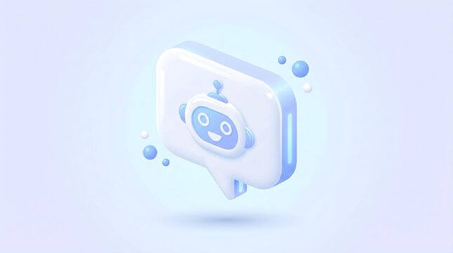 3D blue chat bubble icon featuring a friendly AI assistant face for a futuristic chatbot illustration suitable for tech, AI, and customer support branding.