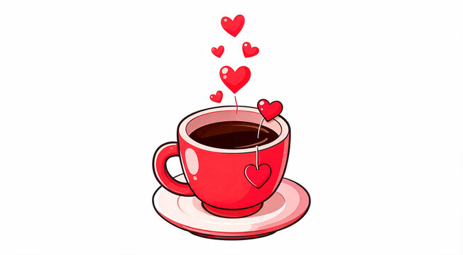 Red Coffee Cup with Heart Steam Love Concept on White Background for Valentine's Day Greeting in 4K
