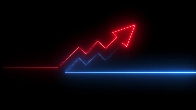 Glowing Neon Growth Arrow Chart Animation Red and Blue Stock Market Rising Graph Loop Isolated on Black Background Motion Graphic