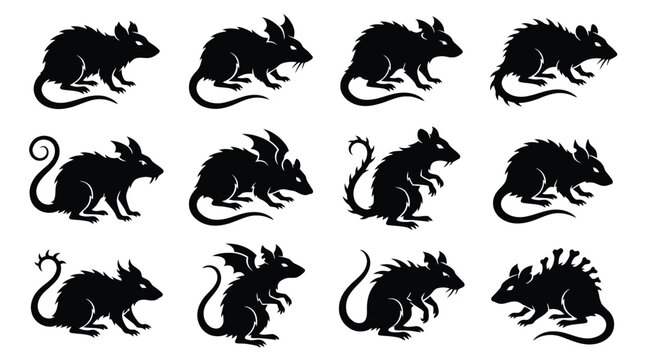 Set of black silhouettes of rats, mice, and fantasy rodents