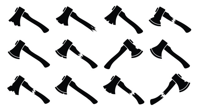 Set of axe icons, vector illustration of various hatchets and wood chopping tools, collection of different axe designs