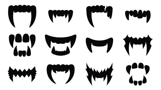 Set of vampire teeth silhouettes, monster fangs and scary mouth shapes for halloween design elements