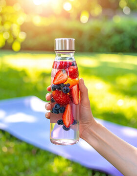 A hand holds a refreshing glass bottle of fruitinfused water with delicious strawberries and blueberries outdoors, evoking healthy wellness and active fitness vibes in the park.