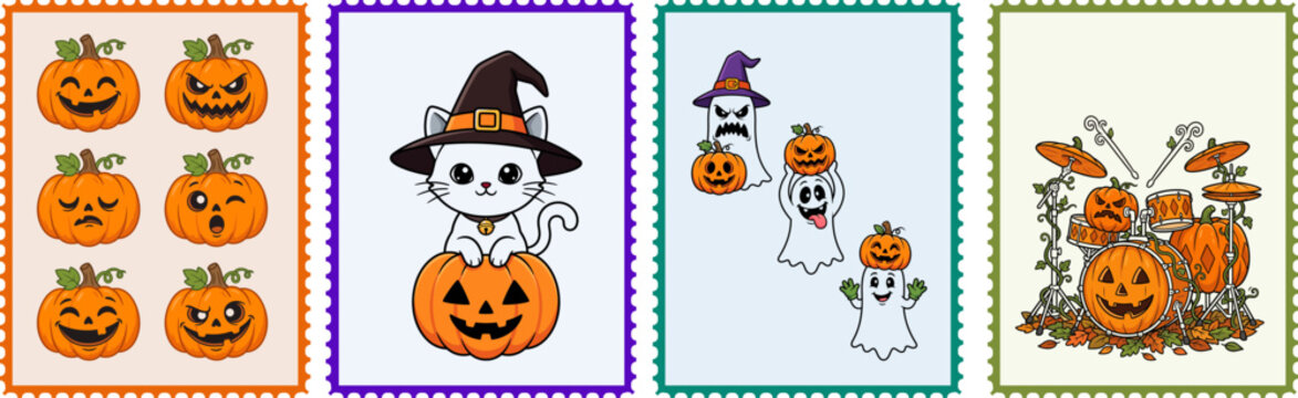 Festive helloween stamps cute pumpkins cats ghosts musical instruments for spooky season designs