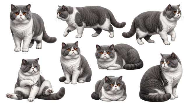 Collection of British Shorthair Cat Poses: A curated set of illustrations showcasing the adorable British Shorthair cat in various charming poses.