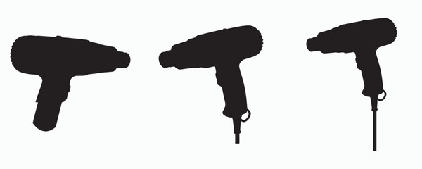 Black silhouette collection of handheld hair dryers in different styles. Minimal vector illustrations of salon and personal hair styling tools isolated on a white background. © MD Rokib Adobe