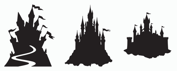 Black silhouette set of majestic fantasy castles featuring soaring towers, fortified walls, and decorative flags. Isolated vector graphics ideal for medieval, fairy tale, and magical adventure designs © MD Rokib Adobe