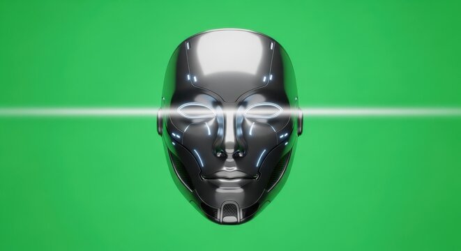 Metallic android visage conveying artificial intelligence and futuristic consciousness against a vibrant emerald backdrop symbolizing technological advancement and sentient robotics exploring digital 
