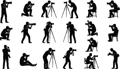 Naklejka premium Black silhouettes of professional photographers with cameras and tripods in various poses vector collection