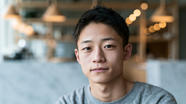 落ち着いたカフェの店内でカメラを見つめる若い男性 ｜ ナチュラルな光