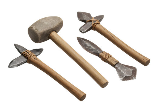 Ancient stone and metal tools on wooden handles isolated white background isolated on white background