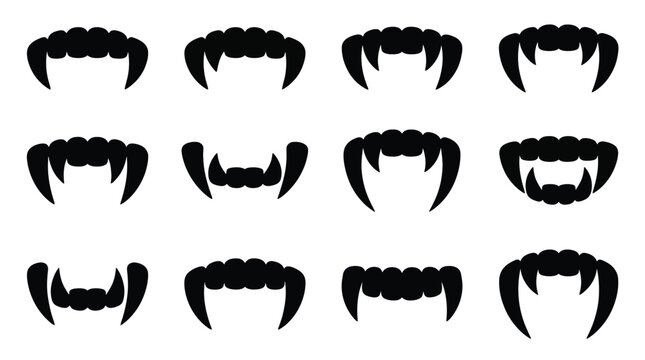 Set of vampire teeth icons, vector illustration of monster mouth with fangs, collection of scary halloween teeth silhouettes