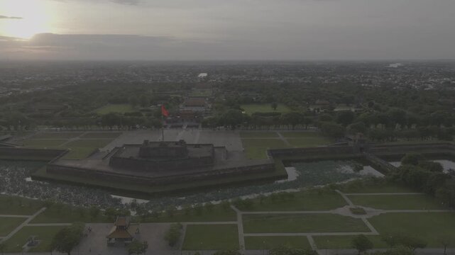 Aerial drone view of Hue Imperial Citadel featuring Ngo Mon Gate, Thai Hoa Palace and Kien Trung Palace, showcasing Vietnam's UNESCO royal heritage, ancient architecture and cultural landmark.