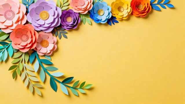 Elegant paper flower border on golden yellow background with background handmade decoration colorful botanical arrangement template abstract illustration workshop invitation celebration