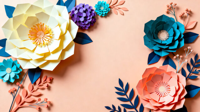 Large paper flower bouquet on soft peach background with background handmade decoration colorful botanical arrangement template abstract illustration workshop invitation celebration