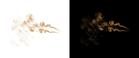 Obraz premium Golden smoke swirls on black and white backgrounds, ethereal amber vapor trails, luxury gold steam effect for creative design overlays