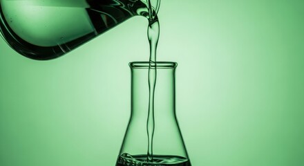 Obraz premium Chemical liquid pouring from beaker into laboratory flask demonstrating scientific experimentation and precise liquid transfer for research and development purposes.