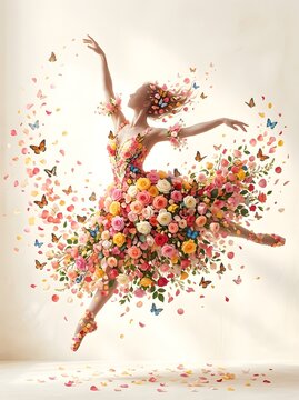 Elegant ballerina transformed into a floral explosion with butterflies a beautiful artistic photograph