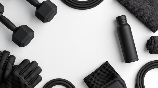 白い背景に美しく配置された黒のトレーニンググッズ ｜ フラットレイ