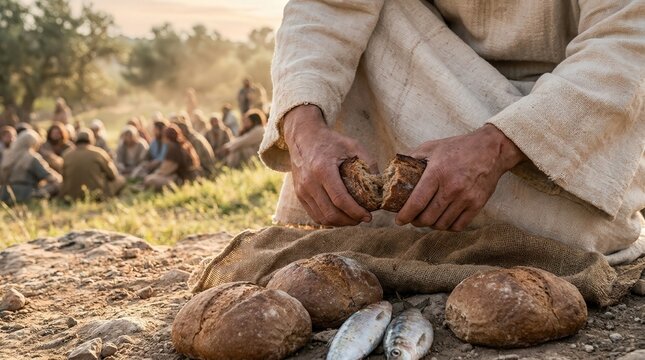 Jesus Christ breaking bread with loaves and fish for a gathered crowd outdoors. Biblical history and miracle concept of feeding of the multitude.