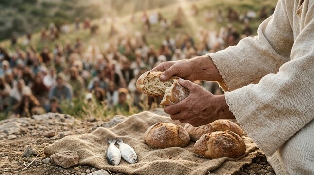 Hands of Jesus Christ breaking bread with loaves and fish. Biblical history and miracle concept.