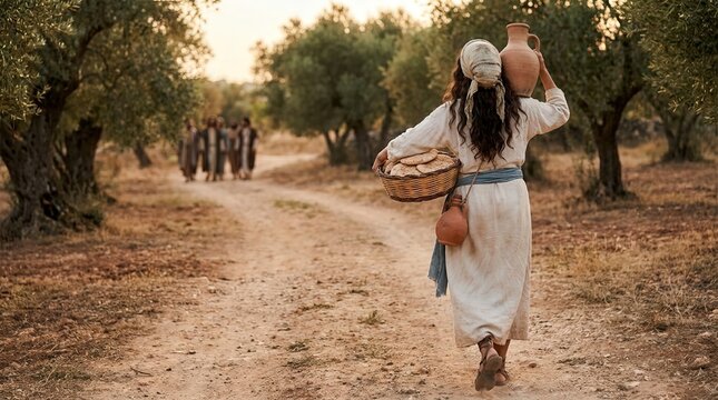 Abigail carrying water jug and bread toward David&rsquo;s men.