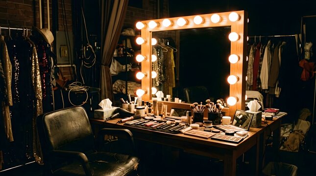 Illuminated dressing room mirror with makeup tools in a theater backstage