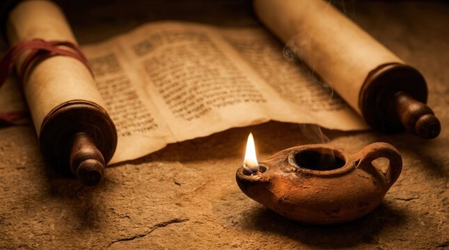 Ancient clay oil lamp burning on stone surface with open scroll of Isaiah.