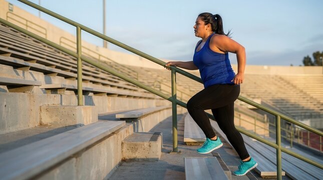 Plus-size woman running up outdoor stadium bleacher stairs during workout.