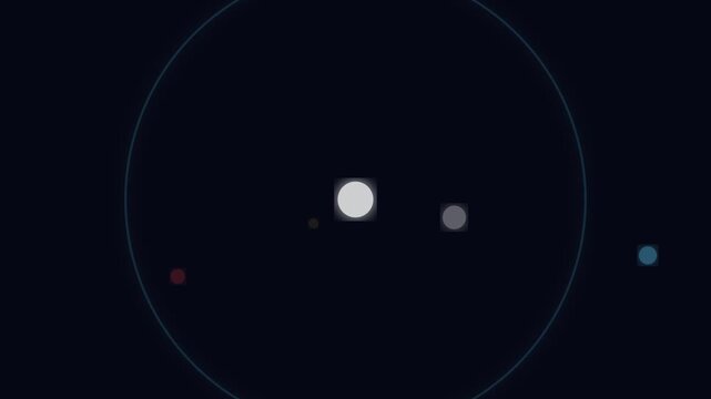Orbs of different sizes and colors drift within a circular path against a dark void to represent a digital system.