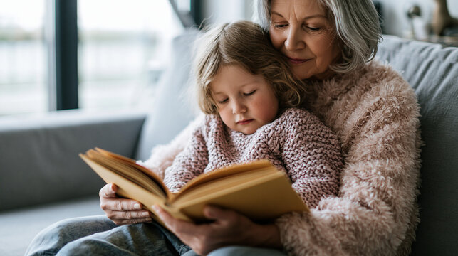 Grandmother and young grandchild reading a picture book together while sitting on a sofa at home. Warm family scene highlighting shared reading and intergenerational connection.