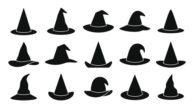 Witch hat silhouette vector set halloween magic wizard hats collection spooky pointed sorcerer cap illustration elements for october party and mystery craft design