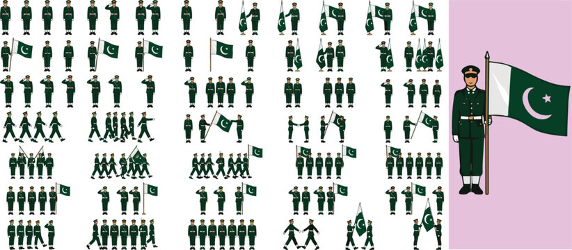 Pakistan Army soldiers set, military personnel in green uniforms with Pakistan national flag, infantry troops marching and saluting vector collection