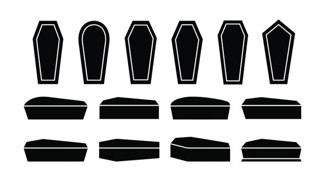 Coffin and casket silhouette icon set vector collection of various funeral caskets and gothic coffins in top view and side view perspective black flat design for funeral service or halloween