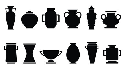 Set of black silhouettes of various vases, pots, urns, and jars collection of ancient pottery and ceramic vessel icons, including amphora, krater, and decorative containers © ZenVector