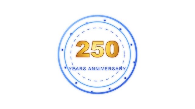 Anniversary logo presents 250 years in stylized gold lettering surrounded by a circular dotted blue frame on white.