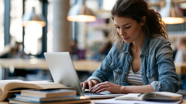 Graduate student studying at a table with a laptop, open books and notes in a modern university library or study space.