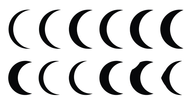 Set of black crescent moon shapes and lunar phase icons, various styles and thicknesses