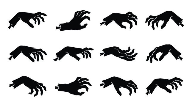 Set of zombie hands, severed arms with exposed bones, horror and halloween design elements, vector illustration