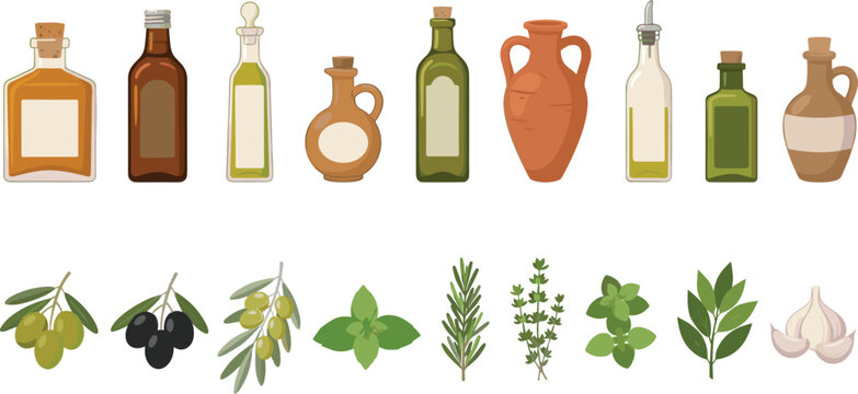 Mediterranean olive oil and aromatic herb vector set featuring glass bottles clay amphora jugs fresh olives basil rosemary garlic and bay leaves